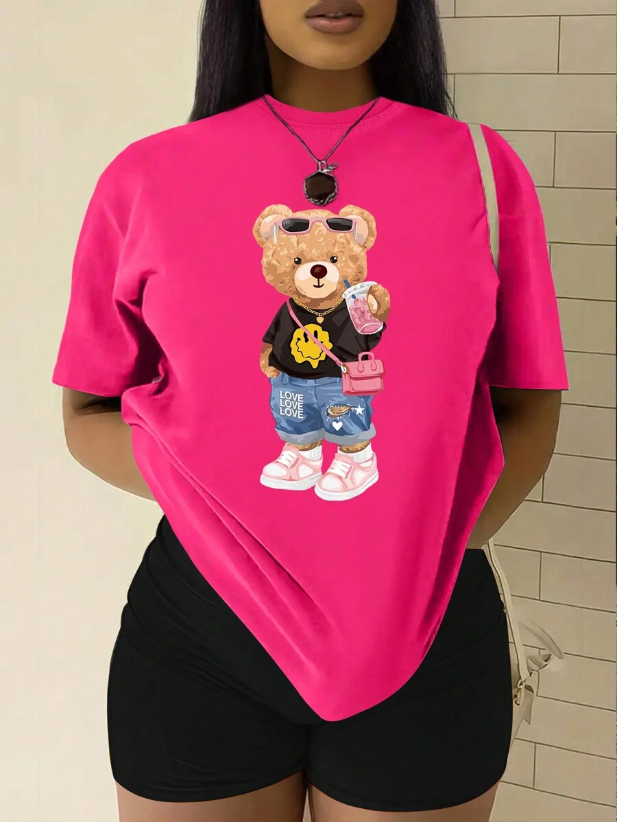 SHEIN Ladies' Cartoon Bear Pattern Short Sleeve T-Shirt Graphic Tees Women Tops - Hot Pink - View 1