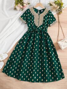 SHEIN Tween Girl's Elegant & Glamorous Waist Cinched Midi Dress - Green - View 1