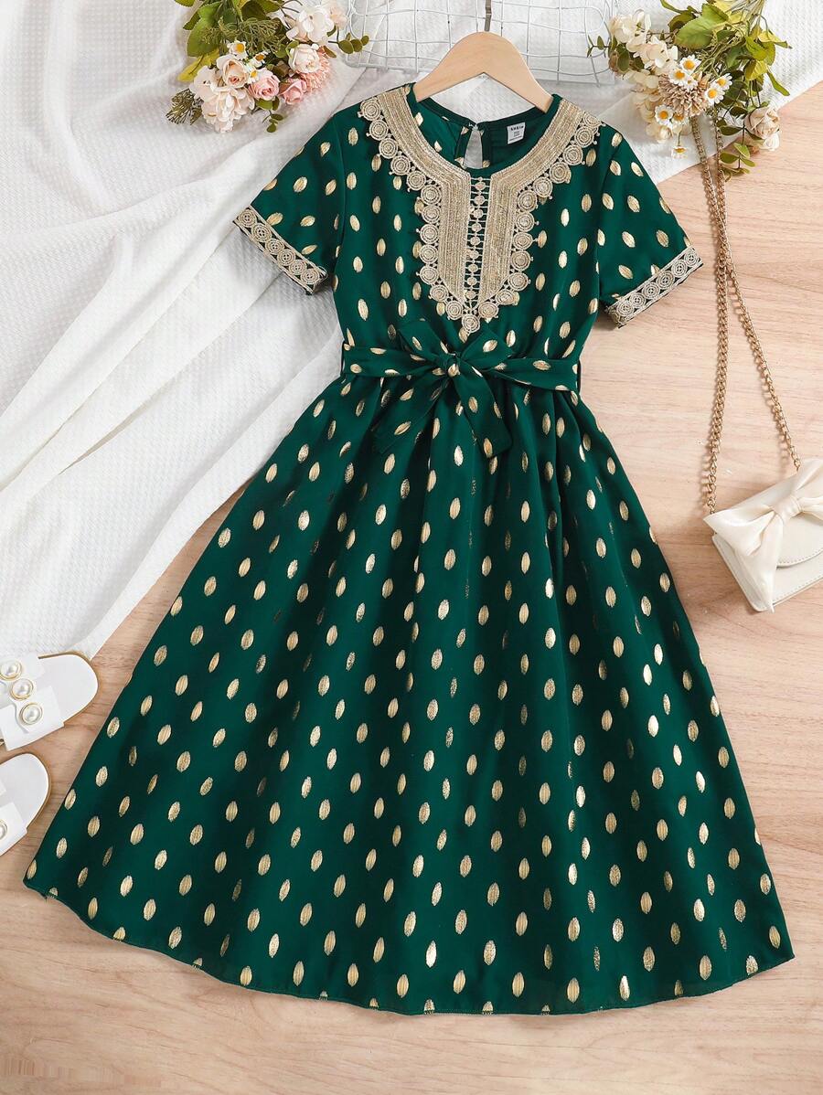 SHEIN Tween Girl's Elegant & Glamorous Waist Cinched Midi Dress - Green - View 1