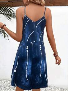 Women's Summer Spaghetti Strap Dress, Blue Abstract Print, Flowy Fit For Vacation Outfits, Lightweight Summer Clothes, Ideal For Beach & Casual Days, Stylish Dress Summer For Women,Dress>Women Short Dresses