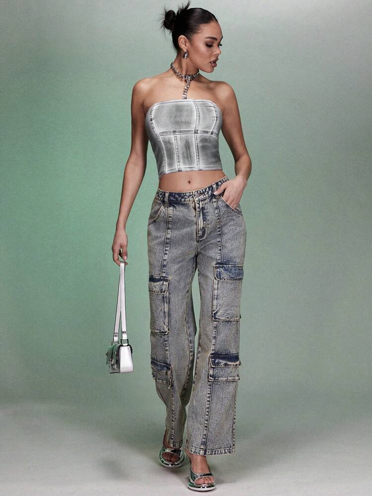 Patchwork Print Crop Tube Denim Top