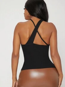 SHEIN SXY Wrap Cross Cut-out Rib-knit Top - Black - View 2