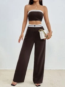 SHEIN Essnce Conjunto De Pantalón Y Top Corto Con Hombros Descubiertos Y Bloques De Color Con Detalle Decorativo - Café integral - Ver 4