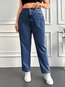 EURMUSE Plus High Waist Slant Pocket Jeans - Blue - View 3