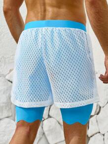 Surfspeed Shorts De Playa 2 En 1 Con Superposición De Encaje Y Bloques De Color Para Hombre - Azul y blanco - Ver 2