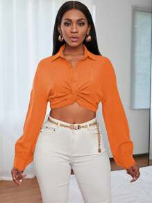 SHEIN Unity Twist Knot Cropped Long Sleeve Shirt - Burnt Orange - View 6