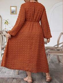 SHEIN Clasi Kích thước lớn Vòng cổ Tay áo lồng đèn Dệt hoa Đầm - trái cam - Xem 2