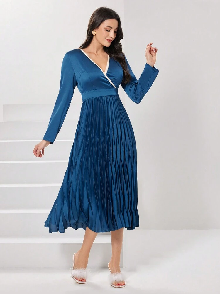 Ladies' Color Block Woven Belt Pleated Hem Dress Long Evening Dresses