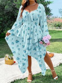 Flirla Plus Size Blommönster Knuten Front Asymmetrisk Fåll Klänning Maxi Vacation Beach Outfits Kvinnor - Blå - Visa 4