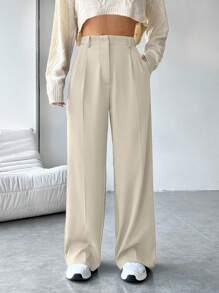 SHEIN EZwear 秋冬高腰阔腿西装裤 - 杏色 - 查看 1
