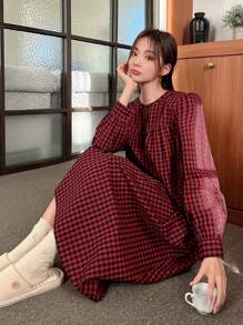 DAZY Women's Checked Loose Sleep Dress, For Fall Pajama - Multicolor - View 1