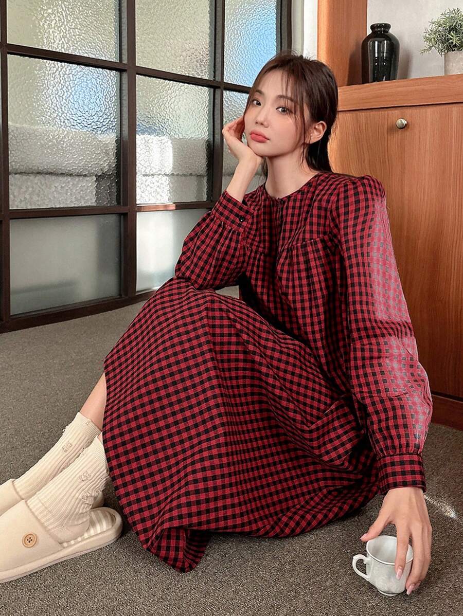 DAZY Women's Checked Loose Sleep Dress, For Fall Pajama - Multicolor - View 1