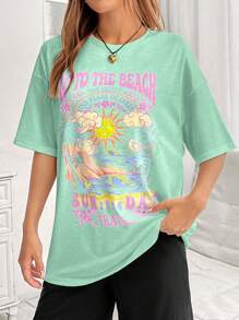 Muchica 女款冲浪波浪印花 T 恤，带标语 - 薄荷綠 - 查看 3