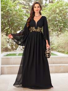 刺绣雪纺礼服配腰带黑色优雅长袖舞会晚会婚礼宾客礼服，适合毕业典礼、晚宴 - 黑色 - 查看 1