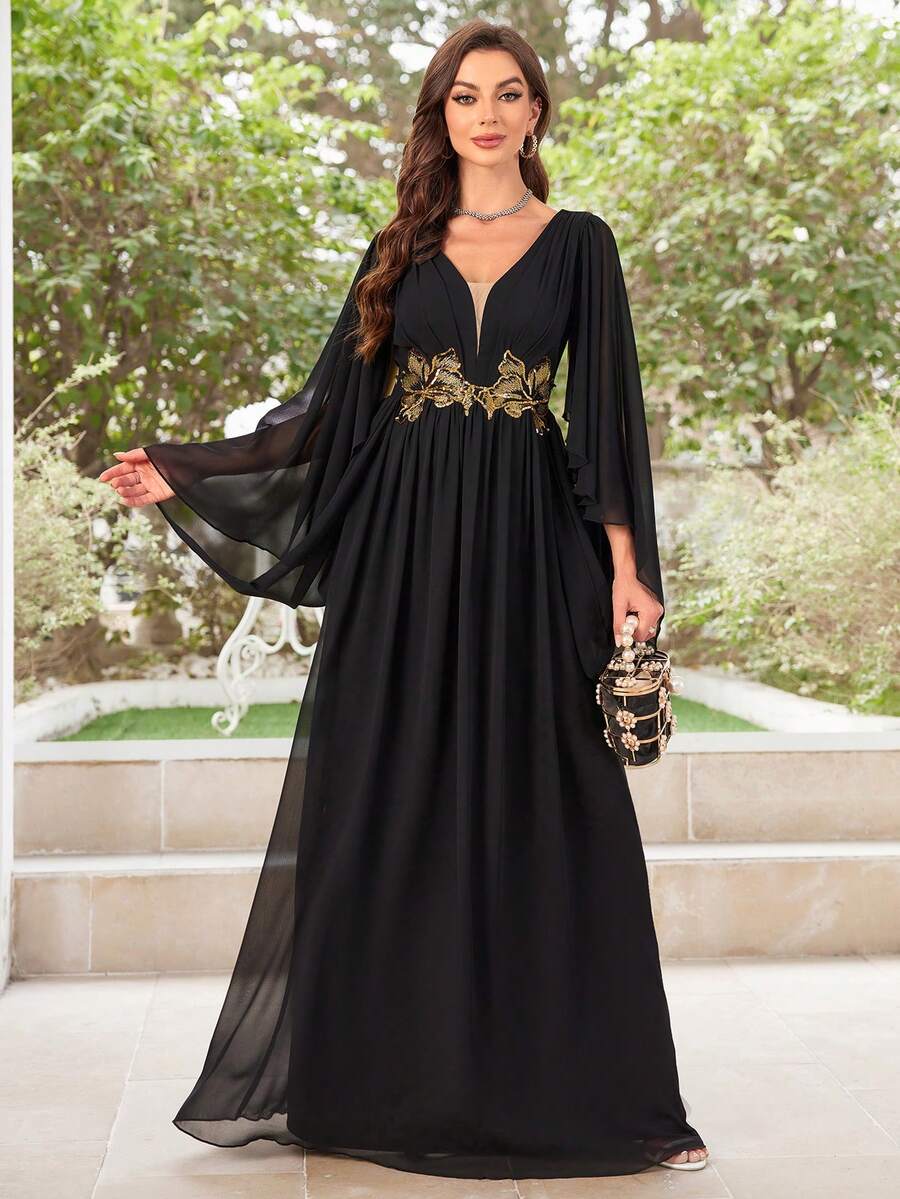 刺绣雪纺礼服配腰带黑色优雅长袖舞会晚会婚礼宾客礼服，适合毕业典礼、晚宴 - 黑色 - 查看 1