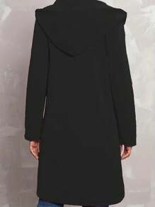 INAWLY 女士前拉链高低下摆外套，女士春秋休闲抽绳、口袋、拉链常规袖连帽常规版型黑色纯色女士外套，休闲日常穿着 - 黑色 - 查看 2