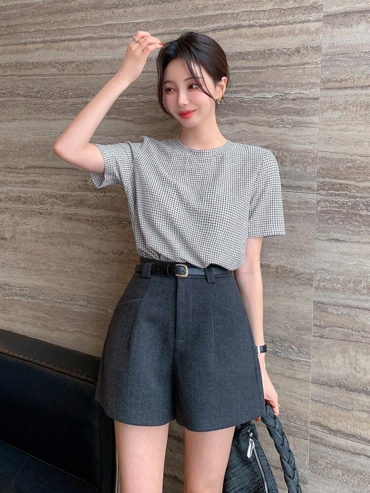 Women's Texture Round Neck Slim-Fit Short Sleeve Plaid T-Shirt,Fall Clothes