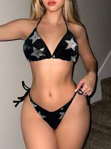 Swim EVENT 星星圖案打結側面比基尼套裝-音樂節 - 黑與白 - 查看 3