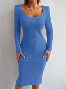 EURMUSE Solid Ribbed Knit Bodycon Sweater Dress Without Belt - Blue - View 4