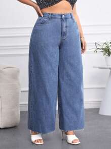 SHEIN Privé Plus Size Women's Jean Pants With Pockets - Medium Wash - View 3