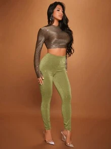 SHEIN SXY Women's Metallic Shiny Fabric Tight-Fitting Leggings - Green - View 5