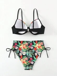 SHEIN Swim Bộ bikini chắp vá in họa tiết nhiệt đới dành cho nữ Carnival Bãi biển mùa hè - Nhiều màu - Xem 5