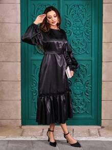 RueChic Modest Satin Dress With Shirred Detail On Bottom - Black - View 6