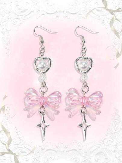 Kawaii 1pair Cartoon Sweet Heart & Bowknot Dangle Earrings Valentines,Mom,Mother,Mother's Day,Gift