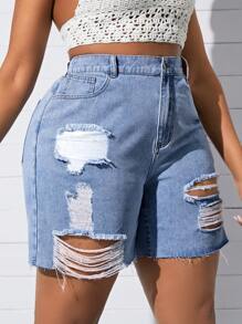 SHEIN SXY Kích thước lớn Của phụ nữ Đau khổ Frayed Hem Quần short Denim - Rửa nhẹ - Xem 4
