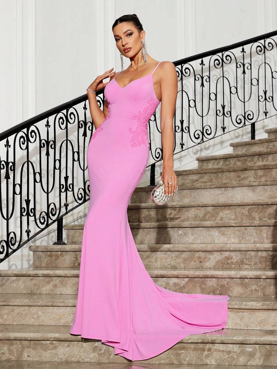 SHEIN Belle Women's Rose Pink Knitted Stretch Mermaid Train Dress,Exquisite Flower Applique V-Neck Cami Fish Tail Back Tied Cascading Ruffles Evening Party Gown - Pink - View 1