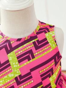SHEIN Baby Girl Casual Geometric Pattern Mesh Contrast Sleeveless Dress - Hot Pink - View 4