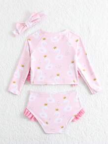 SHEIN 嬰兒女童天鵝印花拼接長袖防曬泳衣,底部有荷葉邊 - 粉色 - 查看 2