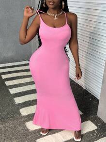 Slaydiva Vestido largo ajustado con espalda descubierta, cruce de tirantes y silueta de cola de pez - Rosa - Ver 4