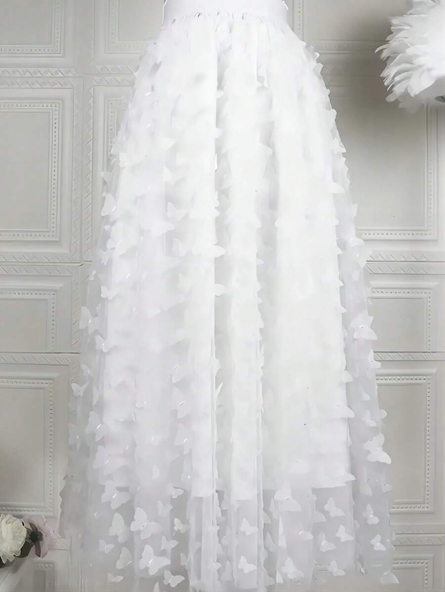 Chiquease Butterfly Appliques Mesh Overlay Skirt - White - View 1