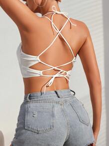 SHEIN Spitzenbesatz Crop-top Für Damen Für Alle Vier Jahreszeiten, Als Halterneck-top Tragbar - Weiss - Übersicht 1