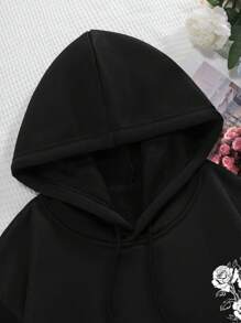 INAWLY Ladies' Rose & Slogan Graphic Drawstring Hoodie THE FRAGRANCE OF ROSES IS OVERFLOWING,Long Sleeve Tops Graduation,Back To School Outfits,Graduation,Teacher Outfits For Women,Back To School Pullover Fall Outfit - Black - View 3