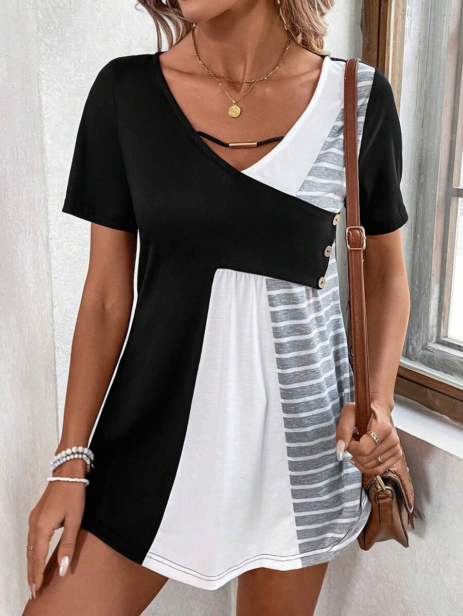 SHEIN LUNE Women's Striped Colorblock T-Shirt With Button Decoration - Multicolor - View 1