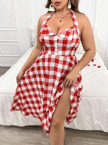 SHEIN MOD 大尺碼女用格子掛脖繫扣優雅復古 A 字連身裙 - 紅白色 - 查看 4