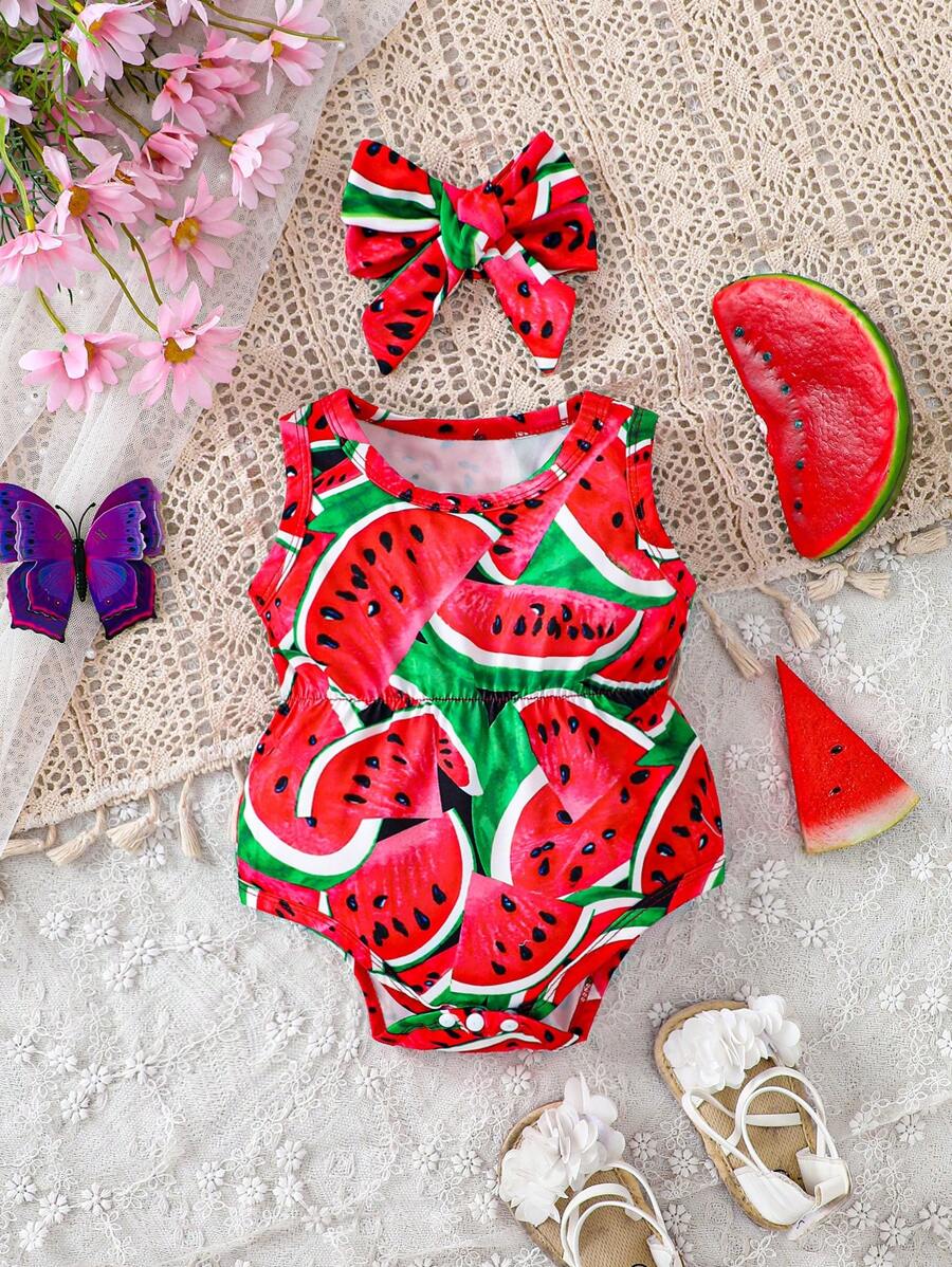 Baby Girl Watermelon Printed Round Neck Sleeveless Bodysuit - Red - View 1