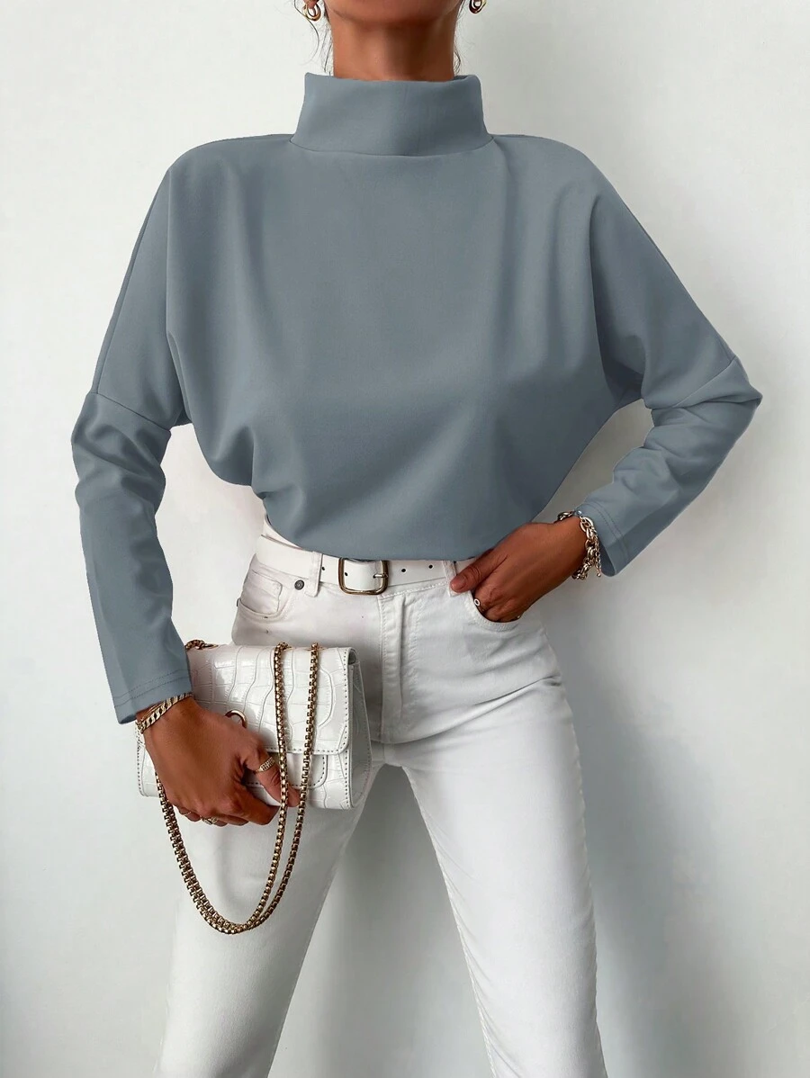SHEIN Cottnline Solid Mock Neck Drop Shoulder Tee - Grey - View 1