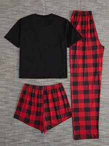 SHEIN Plus Size Patchwork Pocket Top, Plaid Shorts & Pants, Pajama 3pcs Set, Outfits,Christmas - Black - View 2
