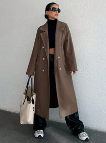 SHEIN Women's Double Breasted Long Woolen Coat - Brown - View 3