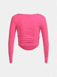 Tween Girls' Shiny Street Style Knitted Solid Color Square Neck Long Sleeve T-Shirt - Hot Pink - View 2