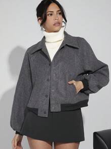Hauture Chaqueta Femenina Con Cuello De Solapa Y Mangas Raglán Largas - Gris - Ver 8