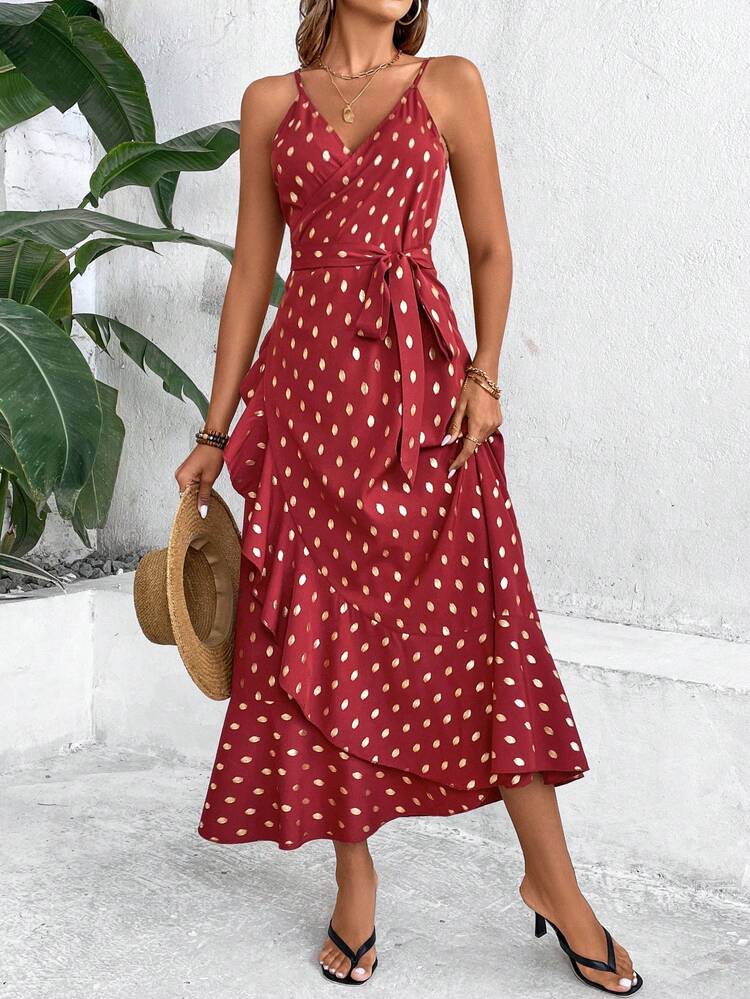 Women's Gold Stamped Polka Dot Spaghetti Strap Dress