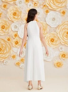 SHEIN Mono Halter Para Niñas Con Detalle De Dobladillo Con Volantes, De Color Sólido - Blanco - Ver 4