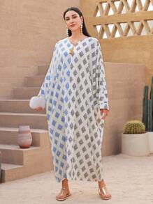 Al Najma Women's Full-Printed Fringe Decor Color-Block Batwing Sleeve Kaftan - Multicolor - View 4