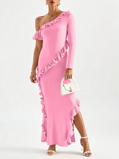 SHEIN Privé 女性不對稱領口荷葉邊分叉擺裙