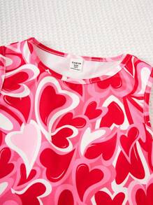 Tween Girls' Knit Short Tank Top For Summer Set With Heart Print, 4pcs For Spring/Summer