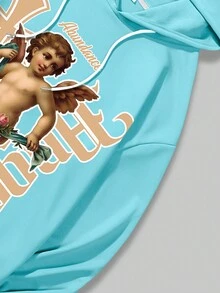 ROMWE MEN Street Life Các bạn Khẩu hiệu & Hình ảnh Dây rút Thả vai Hoodie - Màu xanh lam - Xem 7